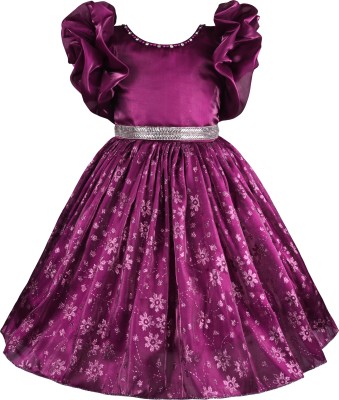 Wishkaro Girls Midi/Knee Length Party Dress(Purple, Short Sleeve)