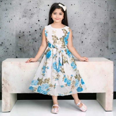 Chandrika Indi Girls Calf Length Casual Dress(Blue, Sleeveless)