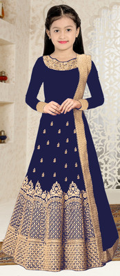 Kedar Fab Girls Maxi/Full Length Casual Dress(Blue, Full Sleeve)