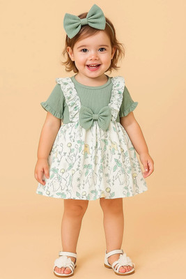 HouseOfCommon Baby Girls Midi/Knee Length Casual Dress(Light Green, White, Short Sleeve)