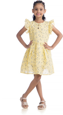 Future Fashion Girls Above Knee Casual Dress(Yellow, Cap Sleeve)