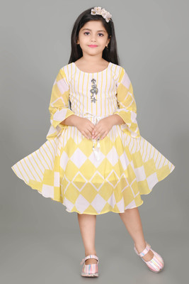 STYLED FASHION Girls Midi/Knee Length Casual Dress(Yellow, 3/4 Sleeve)