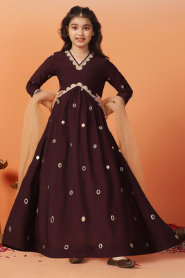 Sangria Girls Maxi/Full Length Festive/Wedding Dress(Brown, 3/4 Sleeve)
