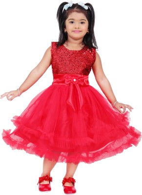 Tiny World Fahsion Girls Below Knee Festive/Wedding Dress(Red, Sleeveless)