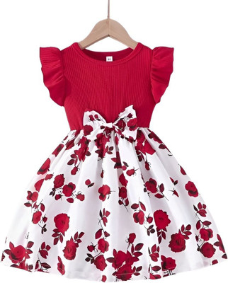 Gebet Baby Girls Midi/Knee Length Casual Dress(Pink, White, Short Sleeve)
