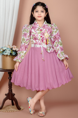 ChromaFashion Girls Midi/Knee Length Casual Dress(Purple, 3/4 Sleeve)