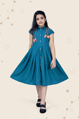 Yk Girls Midi/Knee Length Casual Dress(Blue, Short Sleeve)
