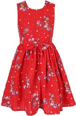 MINSA Girls Midi/Knee Length Casual Dress(Red, Sleeveless)