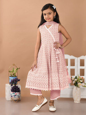 H L Garments Indi Girls Below Knee Festive/Wedding Dress(Pink, Sleeveless)