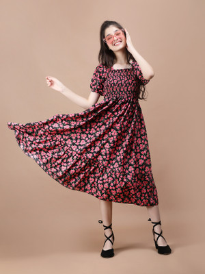amar fashion Girls Maxi/Full Length Casual Dress(Black, Red, Short Sleeve)