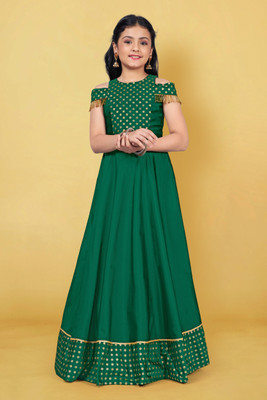 Fashion Dream Girls Maxi/Full Length Festive/Wedding Dress(Green, Short Sleeve)