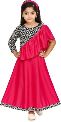 CHANDRIKA LIFESTYLE Girls Maxi/Full Length Party Dress(Pink, Full Sleeve)