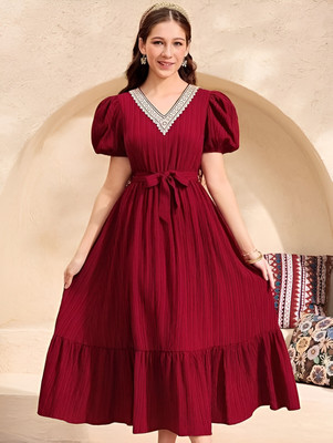 FOSTRIC Indi Girls Midi/Knee Length Casual Dress(Maroon, Short Sleeve)