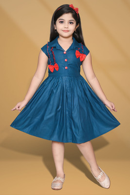 FT fashion Girls Midi/Knee Length Festive/Wedding Dress(Blue, Short Sleeve)