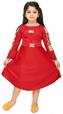 CHANDRIKA LIFESTYLE Girls Maxi/Full Length Casual Dress(Maroon, 3/4 Sleeve)