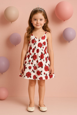 SAPL Girls Midi/Knee Length Casual Dress(White, Red, Sleeveless)