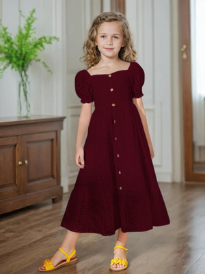 Style Connect Girls Midi/Knee Length Party Dress(Maroon, Half Sleeve)