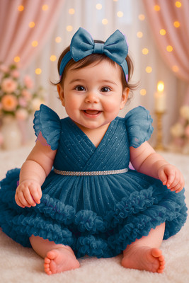 CANIMCHOICE Baby Girls Midi/Knee Length Party Dress(Blue, Short Sleeve)