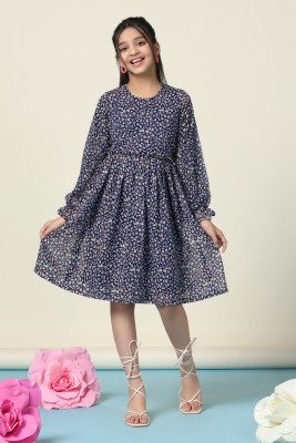 Mirrow Trade Girls Midi/Knee Length Casual Dress(Blue, Full Sleeve)