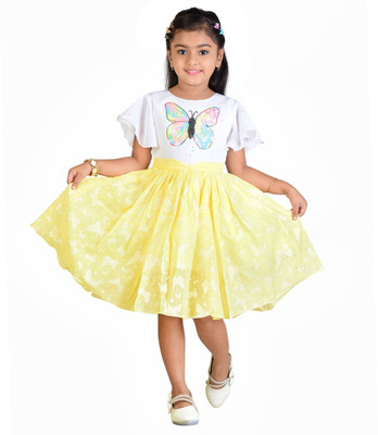 Worton Fashion Girls Below Knee Party Dress(Yellow, Short Sleeve)