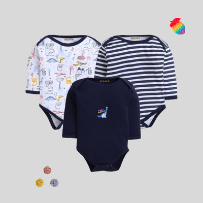 MEGNAM Romper For Baby Boys & Baby Girls Printed Cotton Blend(Blue, Pack of 3)