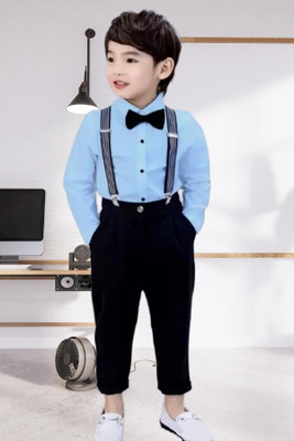 aadhya Dungaree For Boys Party Solid Cotton Blend(Light Blue, Pack of 1)