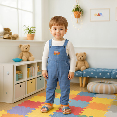 MINI KLUB Dungaree For Baby Boys Casual Checkered Pure Cotton(Light Blue, Pack of 1)