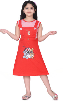 TAILORWOMAN Dungaree For Girls Casual Printed Cotton Blend, Denim(Red, Pack of 1)