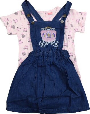 PK Collection Dungaree For Baby Girls Party Embroidered Denim(Pink, Pack of 1)