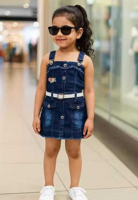 GESICA FASHION Dungaree For Baby Girls Embroidered Denim(Blue, Pack of 1)