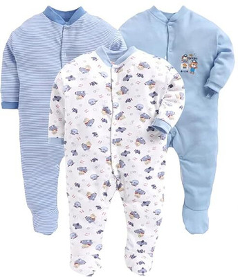 Mahadev Impex Romper For Baby Boys & Baby Girls Casual Solid Pure Cotton(Light Blue, Pack of 3)