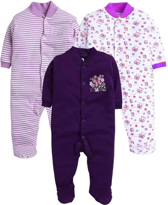 EIO Romper For Baby Boys & Baby Girls Striped, Solid, Printed Pure Cotton(Purple, Pack of 3)