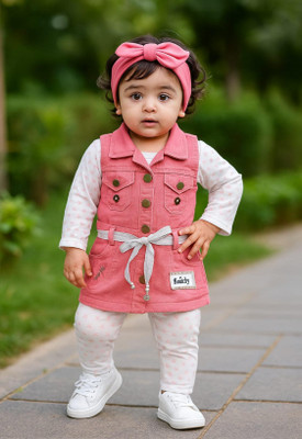 Buble Duble Dungaree For Baby Girls Printed Denim, Hosiery(Pink, Pack of 1)