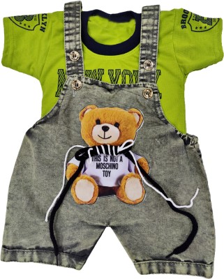fab fashions Dungaree For Boys & Girls Casual Printed, Washed Cotton Blend(Green, Pack of 1)