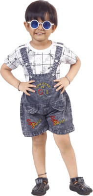 KJD Dungaree For Baby Boys & Baby Girls Party Printed Cotton Blend(Grey, Pack of 1)