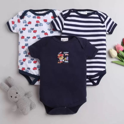 Modern Mama Romper For Baby Boys & Baby Girls Casual Solid, Printed, Striped Cotton Blend(Blue, Pack of 3)