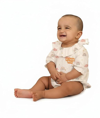 Junior you Romper For Baby Boys & Baby Girls Casual Printed Cotton Blend(White, Pack of 1)