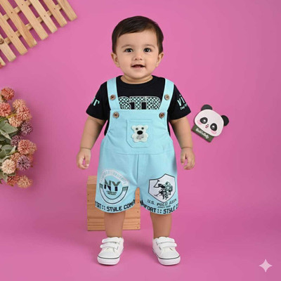 sandrfashion Dungaree For Baby Boys & Baby Girls Casual Printed Cotton Blend(Light Blue, Pack of 1)