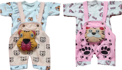PRIBAK Dungaree For Baby Boys & Baby Girls Casual Printed Cotton Blend(Multicolor, Pack of 2)