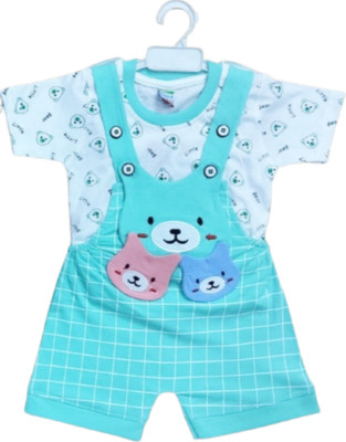 SANWARIA CLUB Dungaree For Baby Boys & Baby Girls Solid Cotton Blend(Light Blue, Pack of 1)