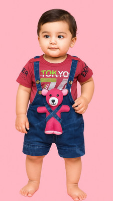 sonvan store Dungaree For Baby Boys Casual Printed, Applique Denim, Cotton Blend(Pink, Pack of 1)