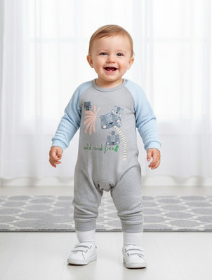 Pompidou Romper For Baby Boys Casual Printed Pure Cotton(Grey, Pack of 1)