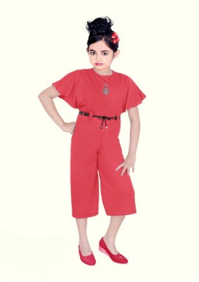 SM MUNIF DRESSES Dungaree For Girls Casual Solid Silk Blend(Red, Pack of 1)