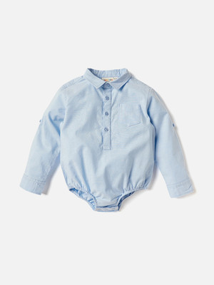 JUNIORS by Babyshop Romper For Baby Boys Solid Cotton Blend(Blue, Pack of 1)