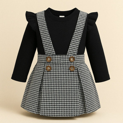 Stinity Dungaree For Girls Party Checkered Cotton Blend(Black, Pack of 1)