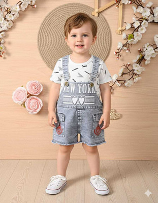 sandrfashion Dungaree For Baby Boys & Baby Girls Party Printed Cotton Blend(White, Pack of 1)