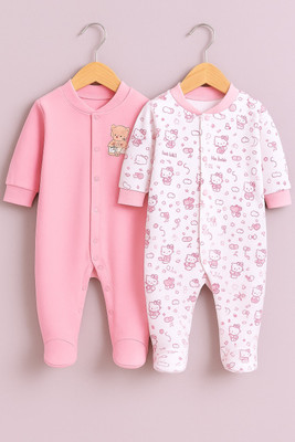 kidiyo Romper For Baby Boys & Baby Girls Casual Printed Cotton Blend(Pink, Pack of 2)
