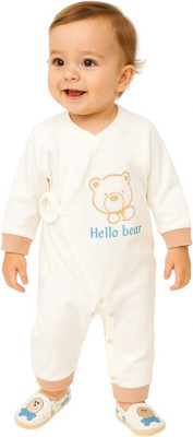 MiniMighty Romper For Baby Boys & Baby Girls Printed Cotton Blend(White, Pack of 1)