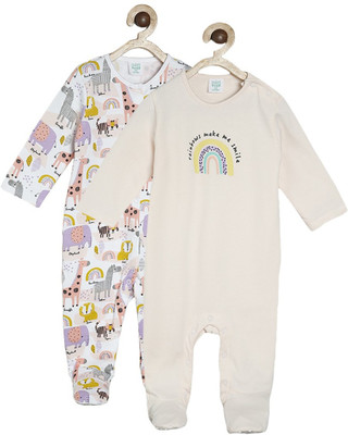 MINI KLUB Romper For Baby Girls Printed Pure Cotton(White, Pack of 2)