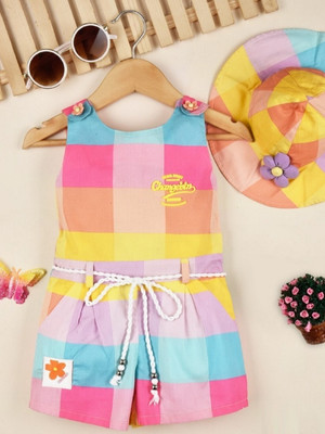 Kiko Romper For Baby Girls Casual Checkered Cotton Blend(Orange, Pack of 1)